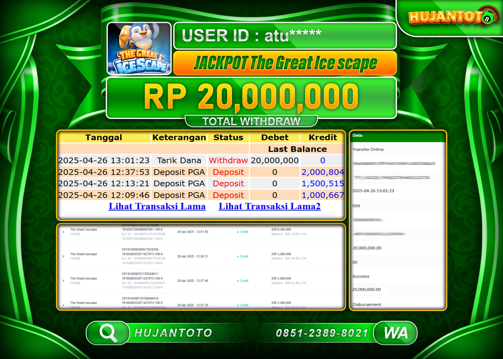 HUJANTOTO - BUKTI JACKPOT MENANG SLOT THE GREAT ICE SCAPE PG SOFT Rp,20,000,000 - TERBAYAR LUNAS