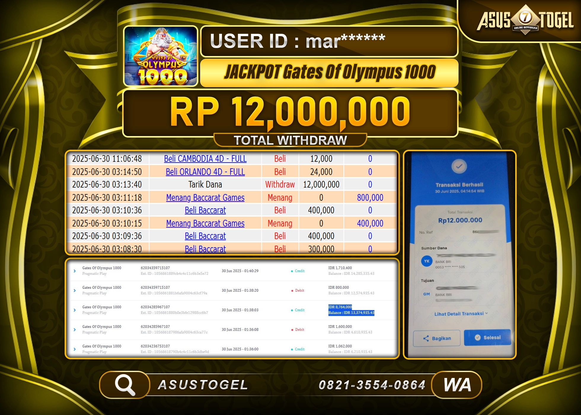ASUSTOGEL KEMENANGAN DI SLOT GATES OF OLYMPUS 1000 SEBESAR 12,000,000- RUPIAH LUNAS