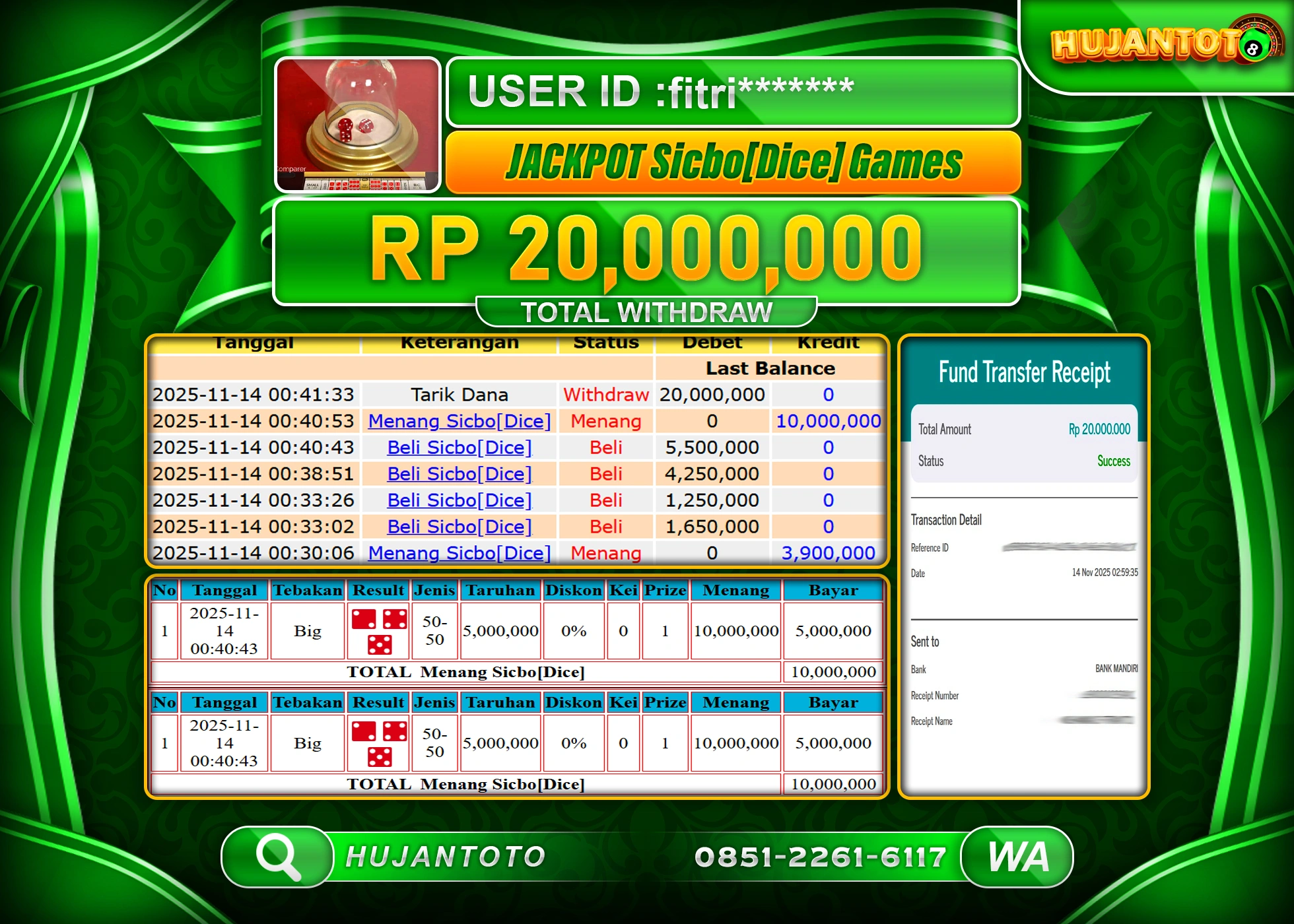 HUJANTOTO - BUKTI JACKPOT MENANG LIVEGAME SICBO [ DICE ] Rp.20,000,000 - TERBAYAR LUNAS