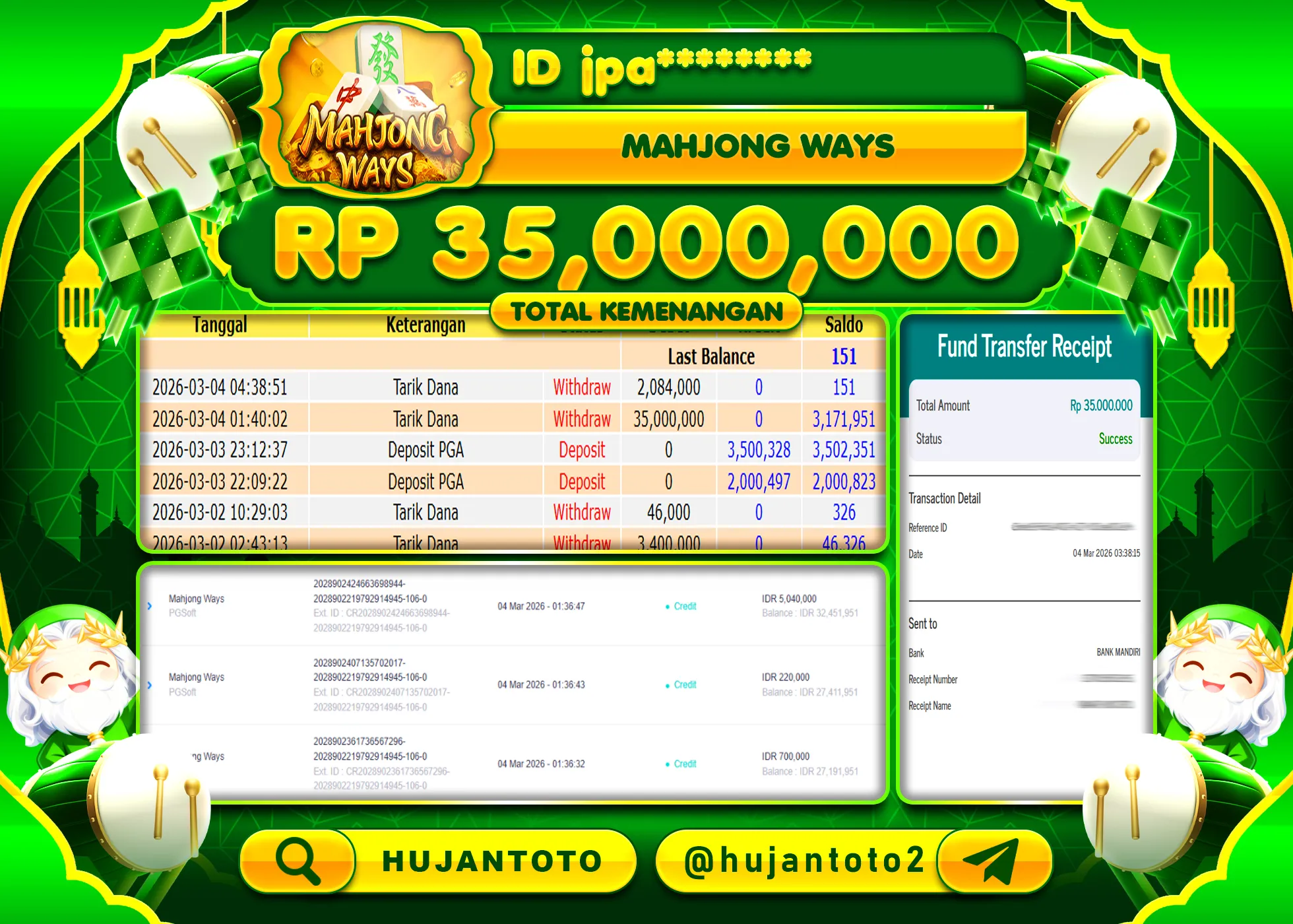 HUJANTOTO - BUKTI JACKPOT MENANG SLOT MAHJONG WAYS Rp.35,000,000 - TERBAYAR LUNAS