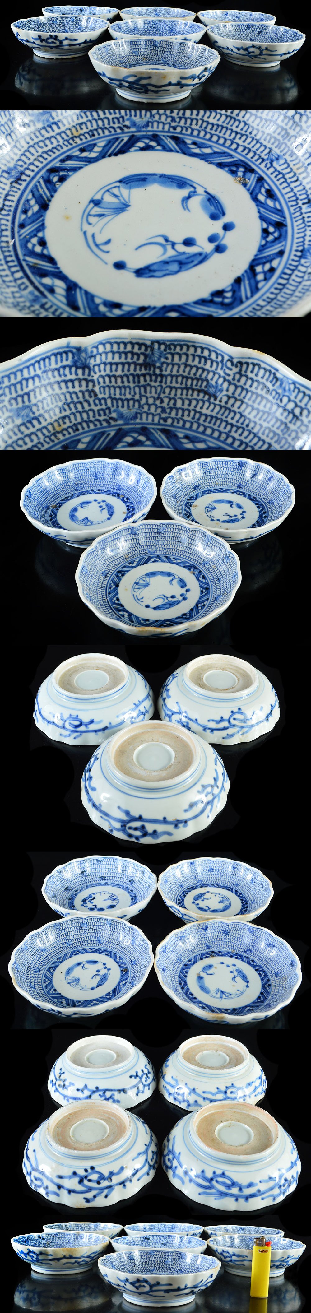 古伊万里焼 古染付 さざえ形 栄螺向付(五客)三足皿 茶事/茶道具★ 古伊万里焼 古染付 さざえ形 栄螺向付(五客)三足皿 茶事/茶道具☆