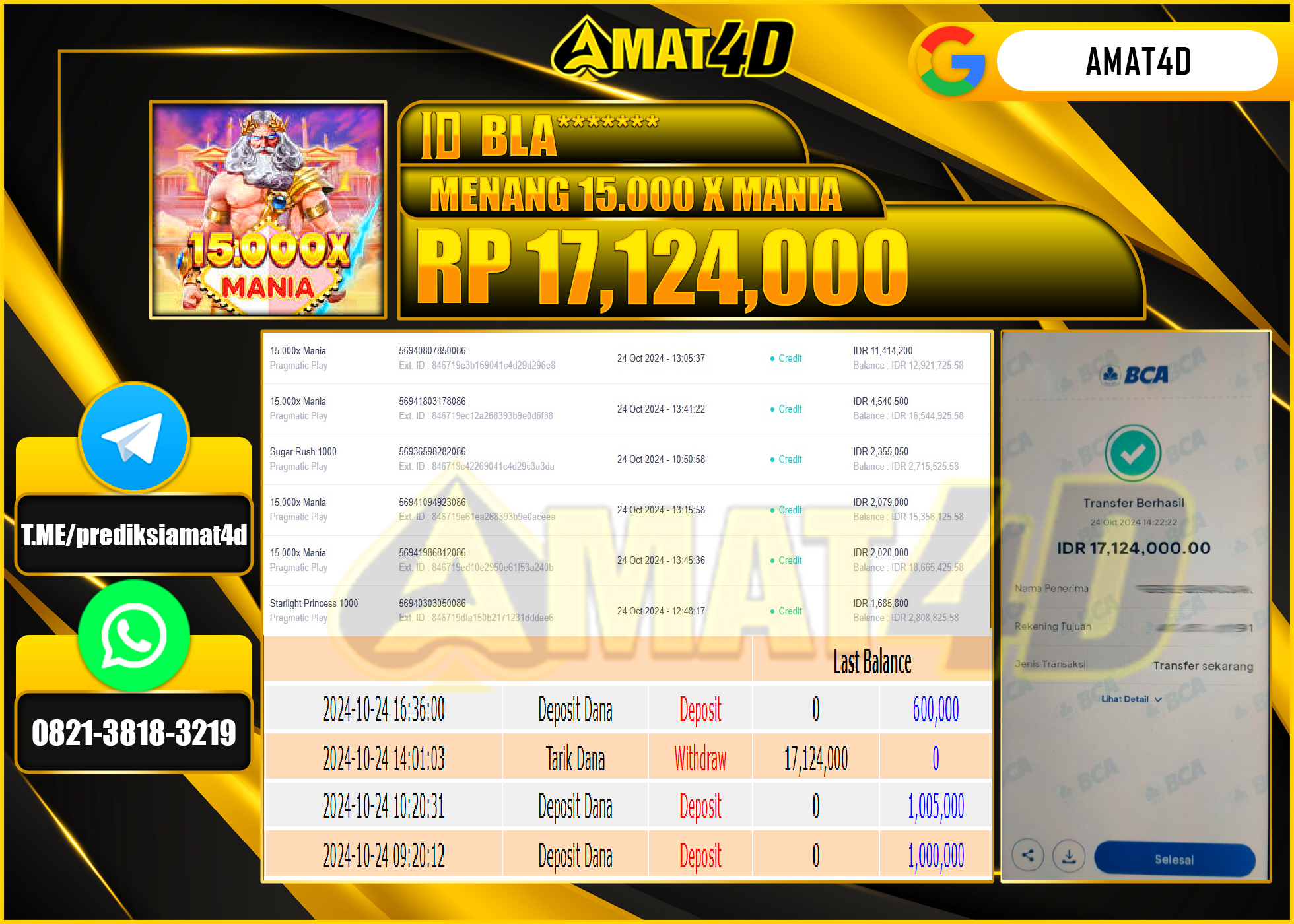 AMAT4D JACKPOT SLOT GAMES 15.000 X MANIA Rp.17.124.000 BERHASIL DI BAYAR LUNAS
