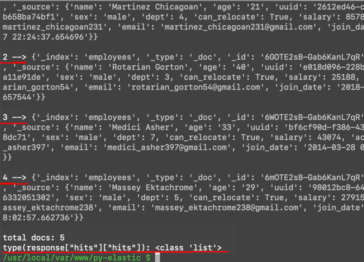 Screenshot of a UNIX terminal running a Python script that iterates Elasticsearch documents in a list