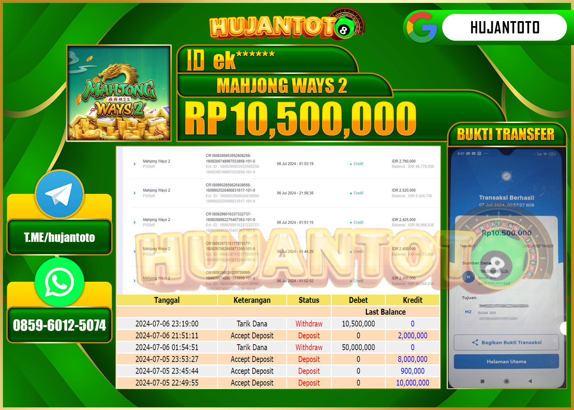 HUJANTOTO MENANG SLOT MAHJONG WAYS 2, 10,500,000 - LUNAS 