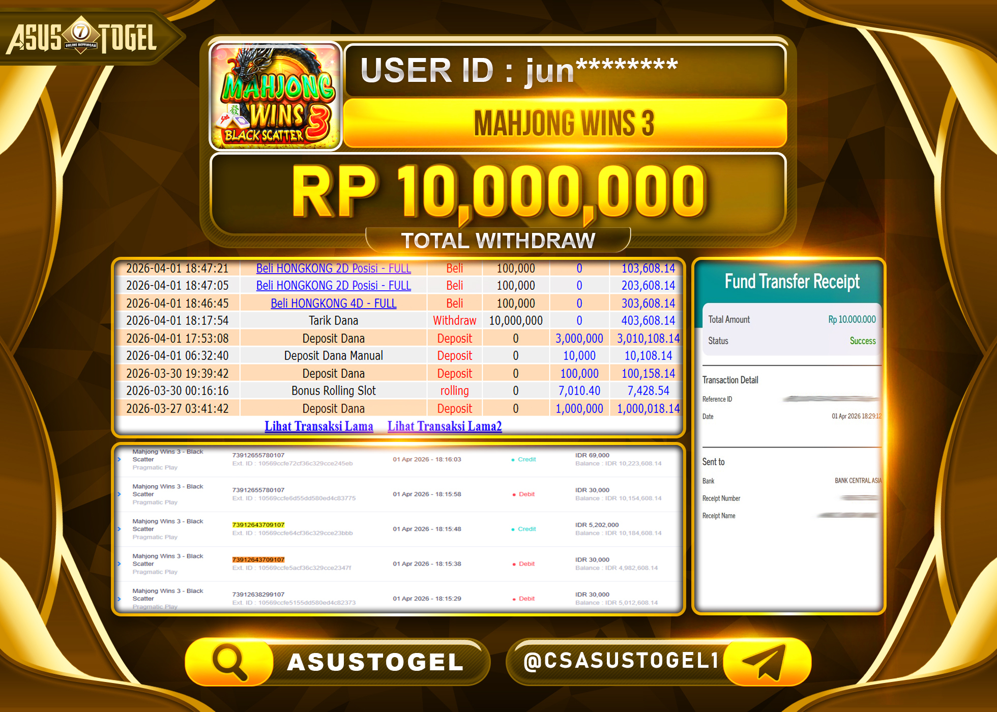 ASUSTOGEL KEMENANGAN JACKPOT DI PERMAINAN MAHJONG WINS 3 SEBESAR Rp.10,0000,000 - RUPIAH LUNAS