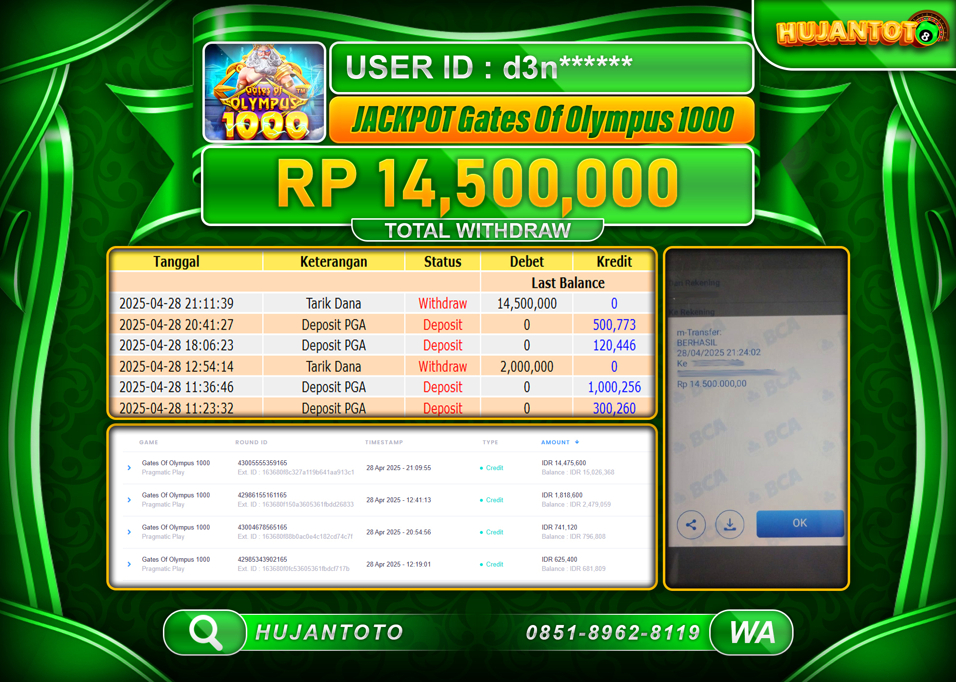 HUJANTOTO - BUKTI JACKPOT MENANG SLOT GATES OF OLYMPUS 1000 Rp,14,500,000 - TERBAYAR LUNAS