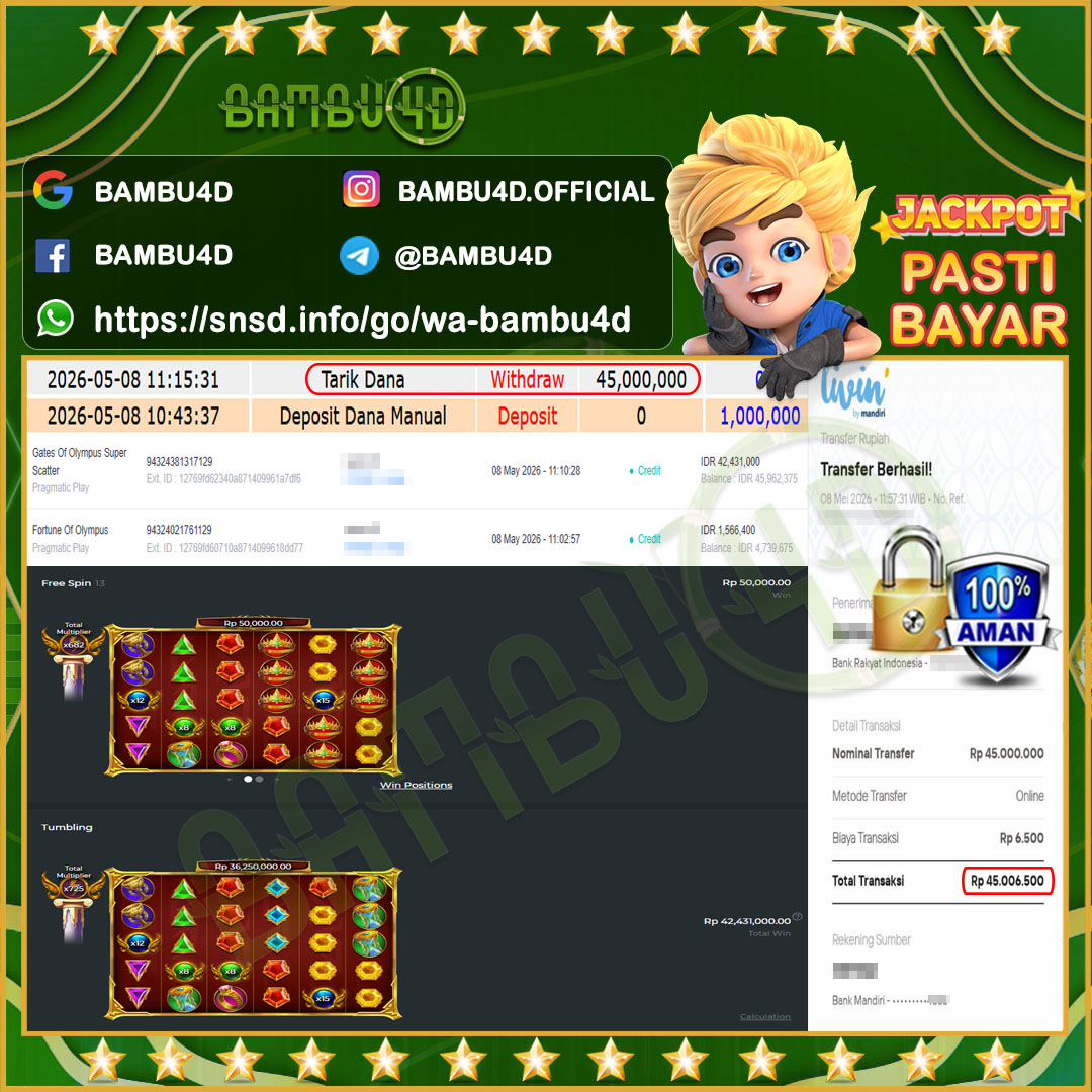 BAMBU4D JACKPOT SLOT PRAGMATIC GATES OF OLYMPUS SUPER SCATTER Rp.42.431.000,- LUNAS