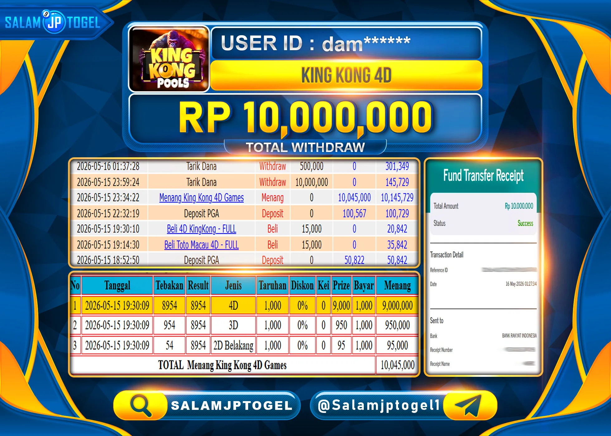 SALAMJPTOGEL Menang King Kong 4D (TOGEL) Rp.10,000,000- LUNAS