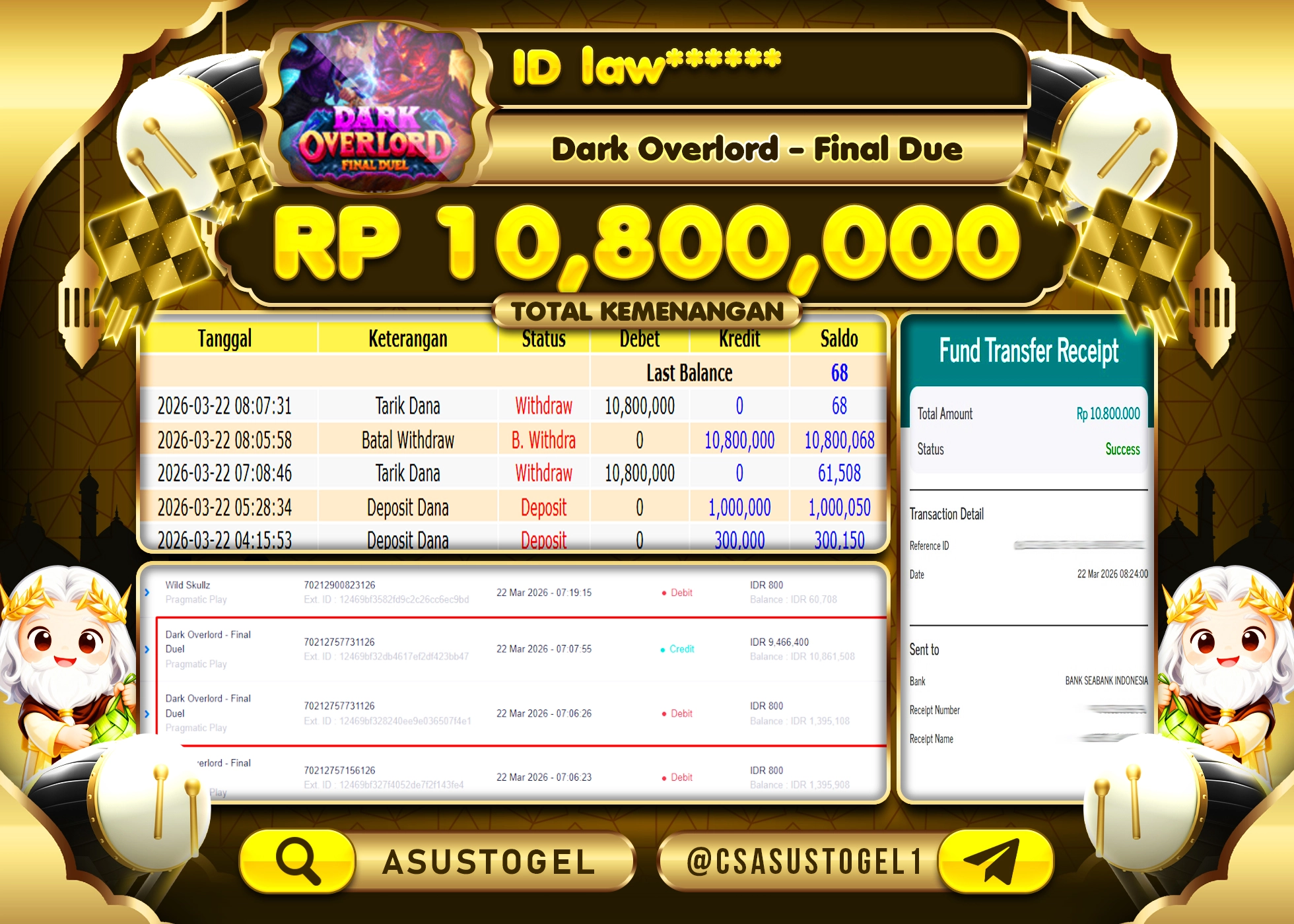 ASUSTOGEL KEMENANGAN JACKPOT DI DARK OVERLOAD - FINAL DUE Rp.10,800,000 - RUPIAH LUNAS