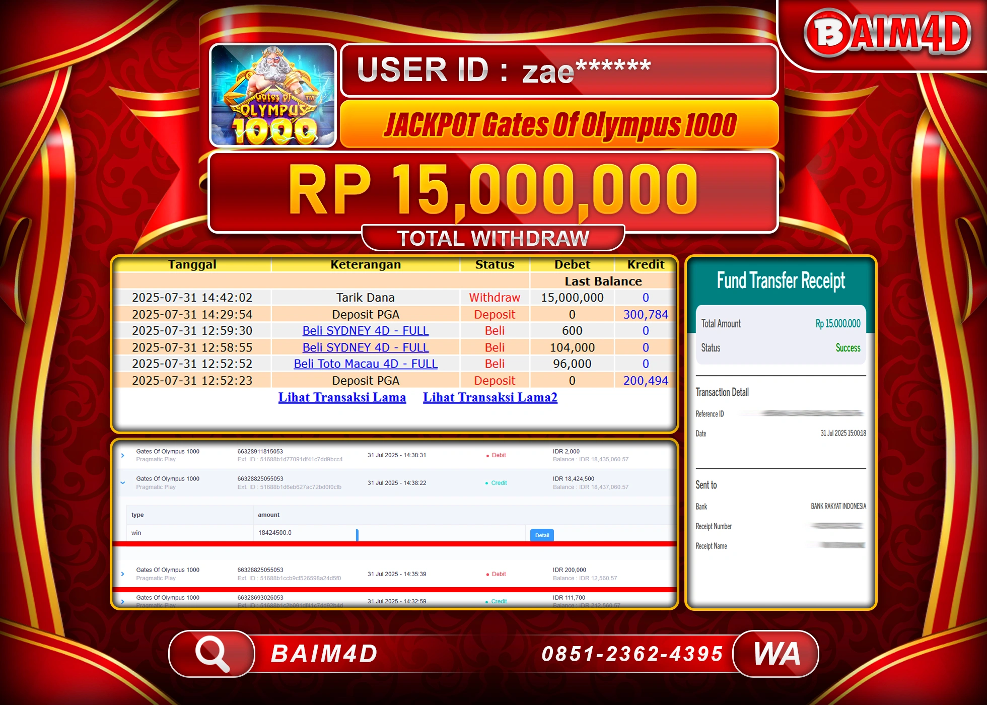 BAIM4D JACKPOT SLOT GATES OF OLYMPUS 1000 Rp.15,000,000.- LUNAS