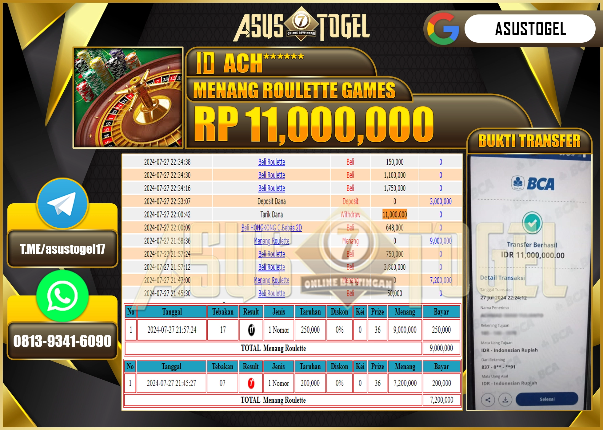 ASUSTOGEL KEMENANGAN DI LIVE GAMES ROULETTE SEBESAR 11,000,000- RUPIAH LUNAS