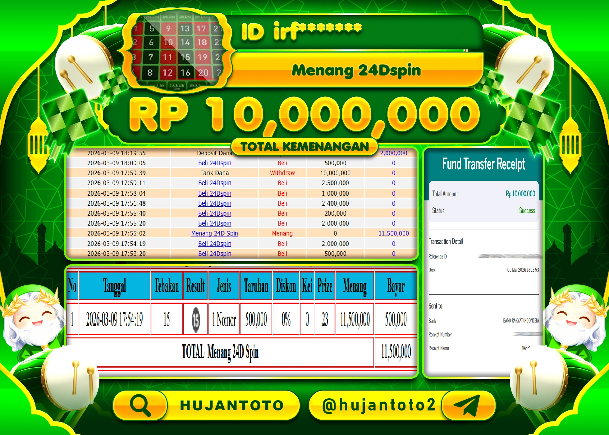 HUJANTOTO - BUKTI JACKPOT MENANG LIVEGAMES 24DSPIN Rp.10,000,000 - TERBAYAR LUNAS
