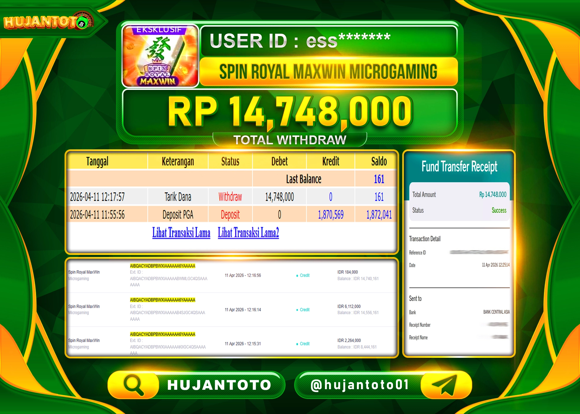 HUJANTOTO - BUKTI JACKPOT MENANG SLOT SPIN ROYAL MAXWIN Rp.14,748,000 - TERBAYAR LUNAS