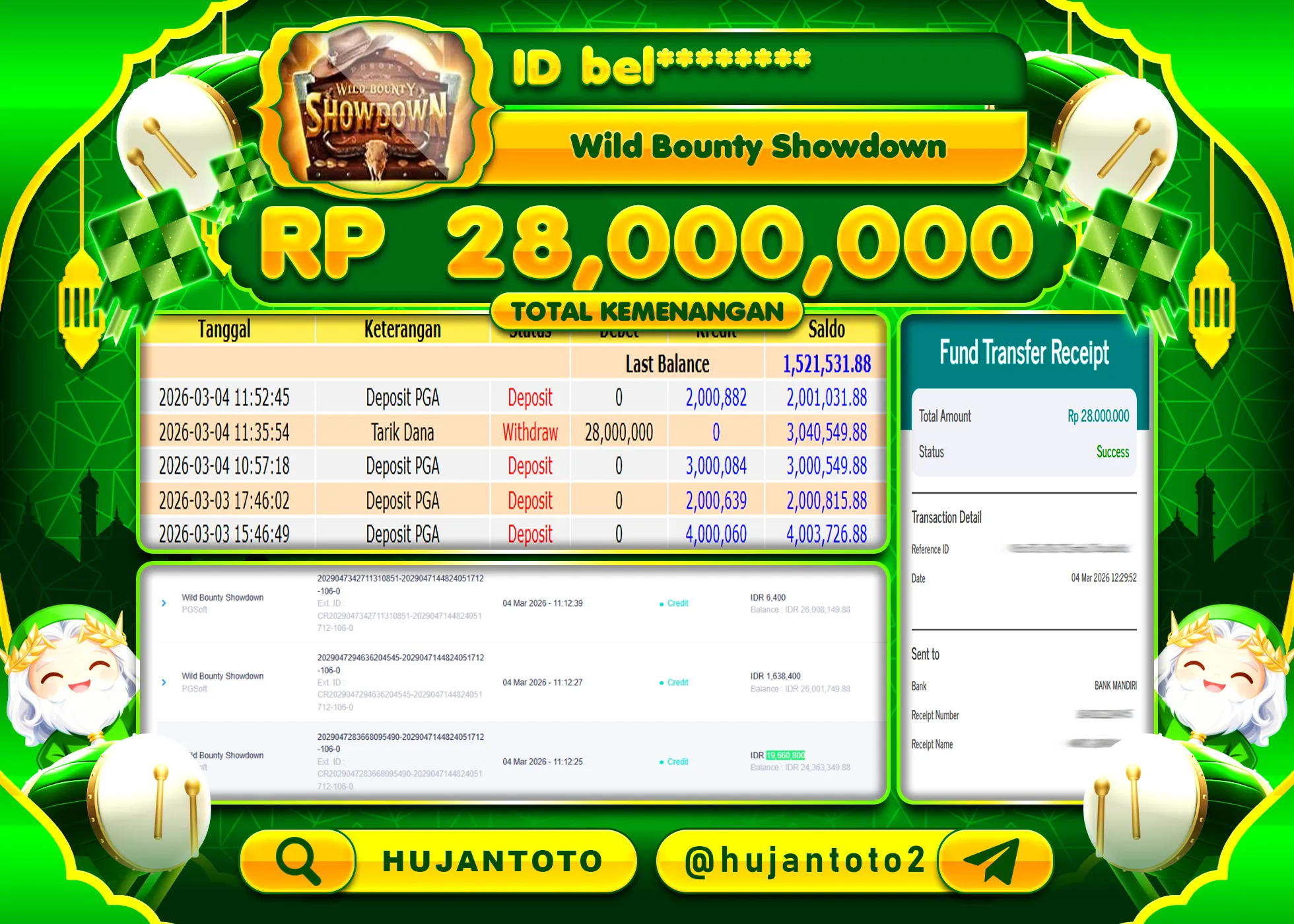 HUJANTOTO - BUKTI JACKPOT MENANG SLOT WILD BOUNTY SHOWDOWN Rp.28,000,000 - TERBAYAR LUNAS