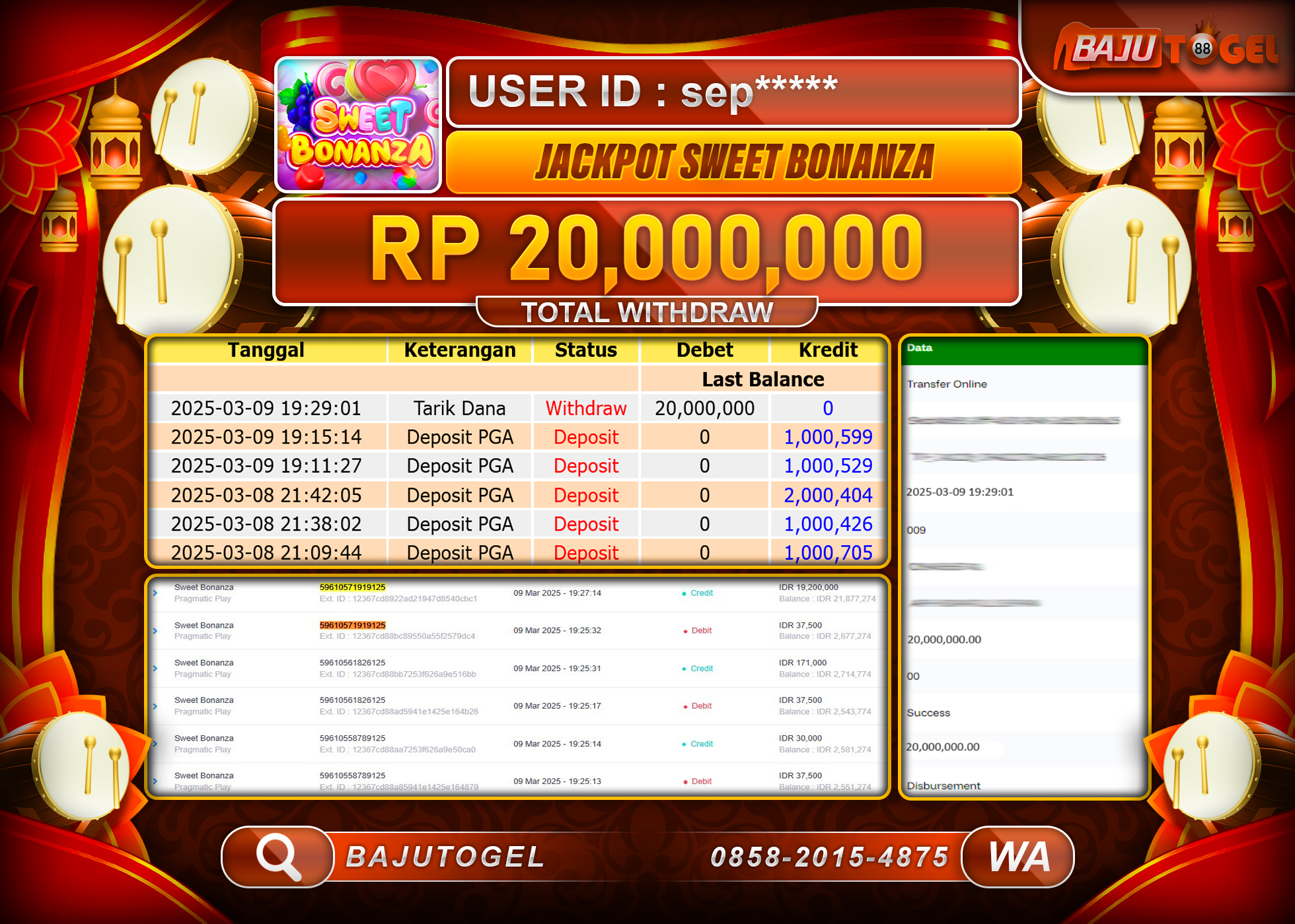 BAJUTOGEL KEMENANGAN SWEET BONANZA  Rp.20.000.000 LUNAS