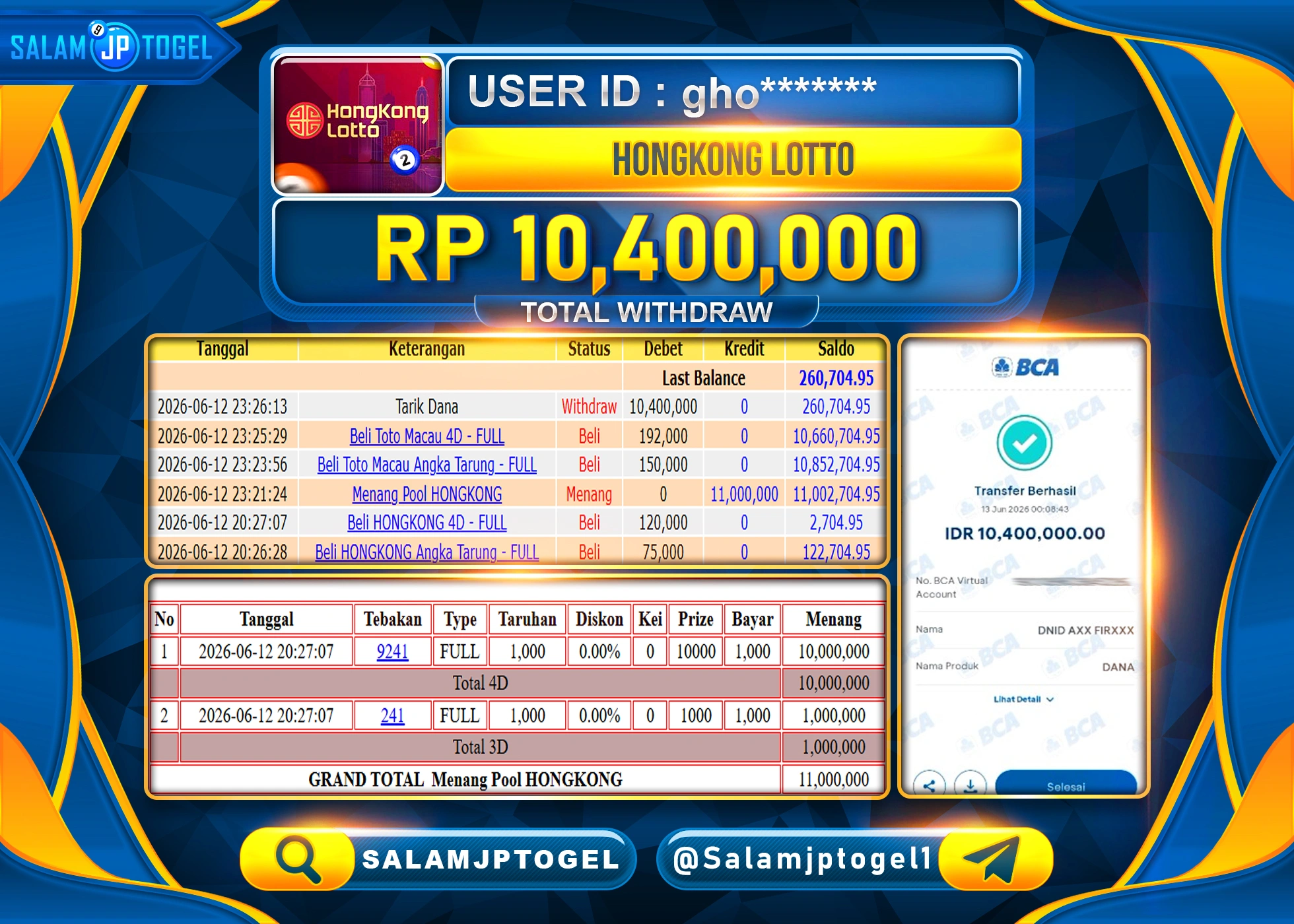 SALAMJPTOGEL JACKPOT MENANG TOGEL HONGKONG LOTTO Rp.10,400,000 - LUNAS