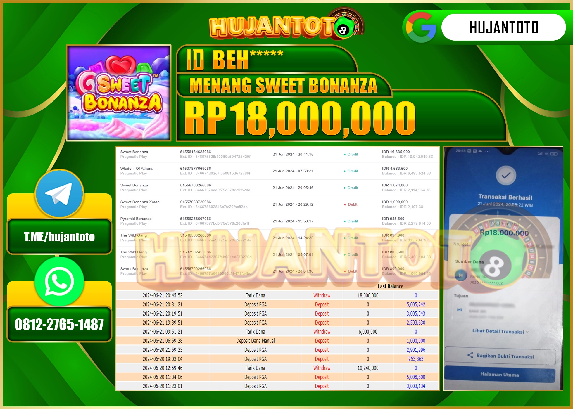 HUJANTOTO MENANG SLOT SWEET BONANZA, WD 18.000.000 - LUNAS 