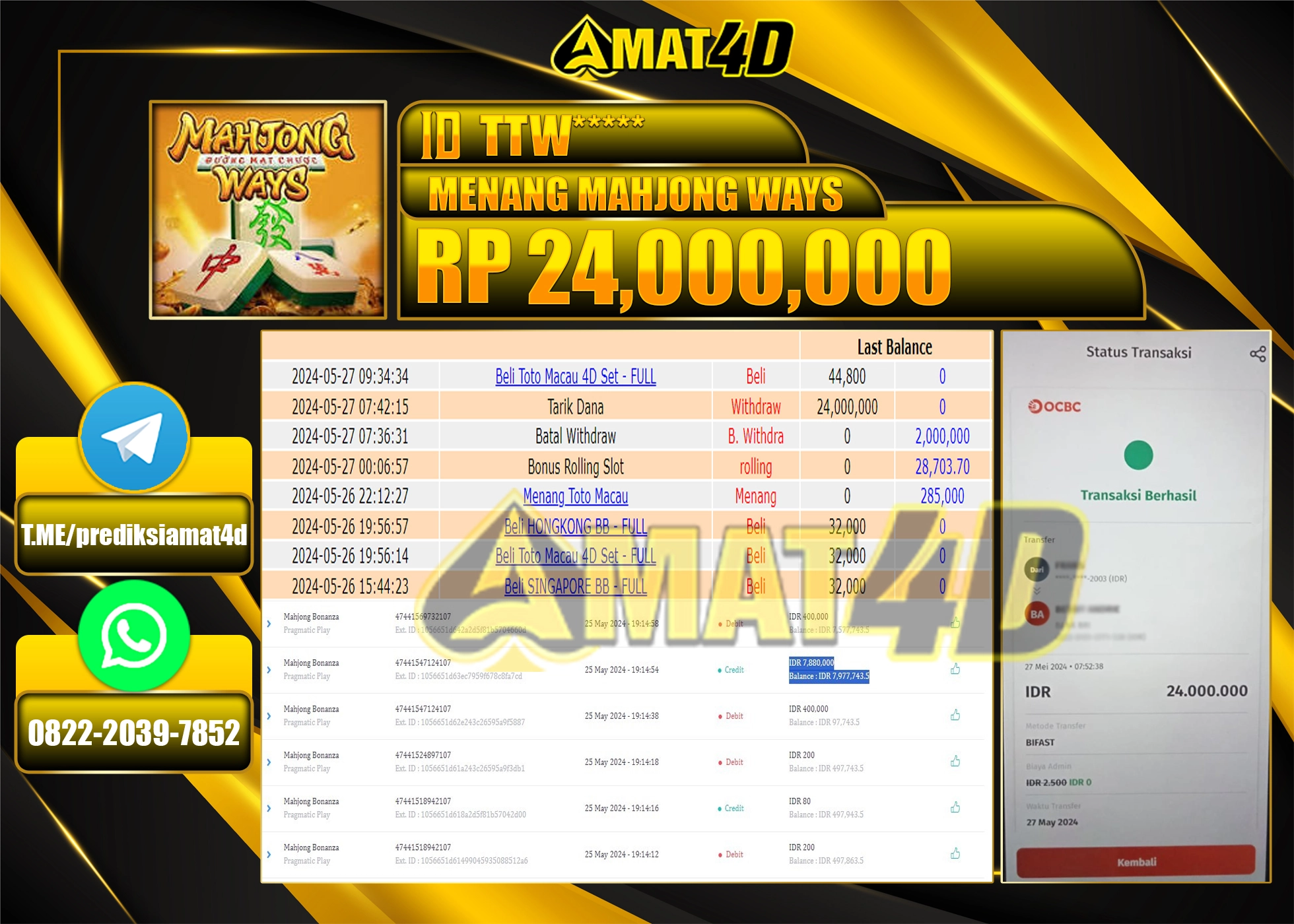 AMAT4D JACKPOT SLOT MAHJONG WAYS Rp.24.000.000 BERHASIL DI BAYAR LUNAS