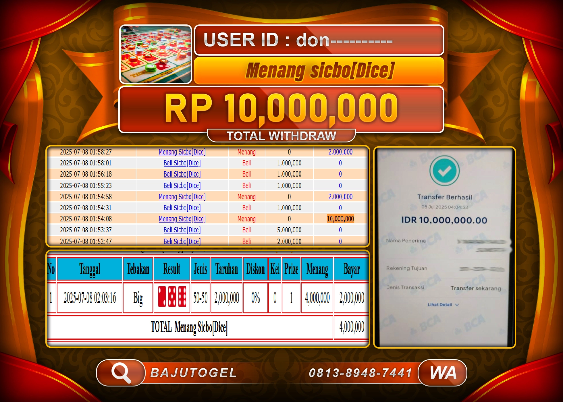  BAJUTOGEL MENANG LIVE GAMES SICBO (DICE) Rp.10.000.000 LUNAS
