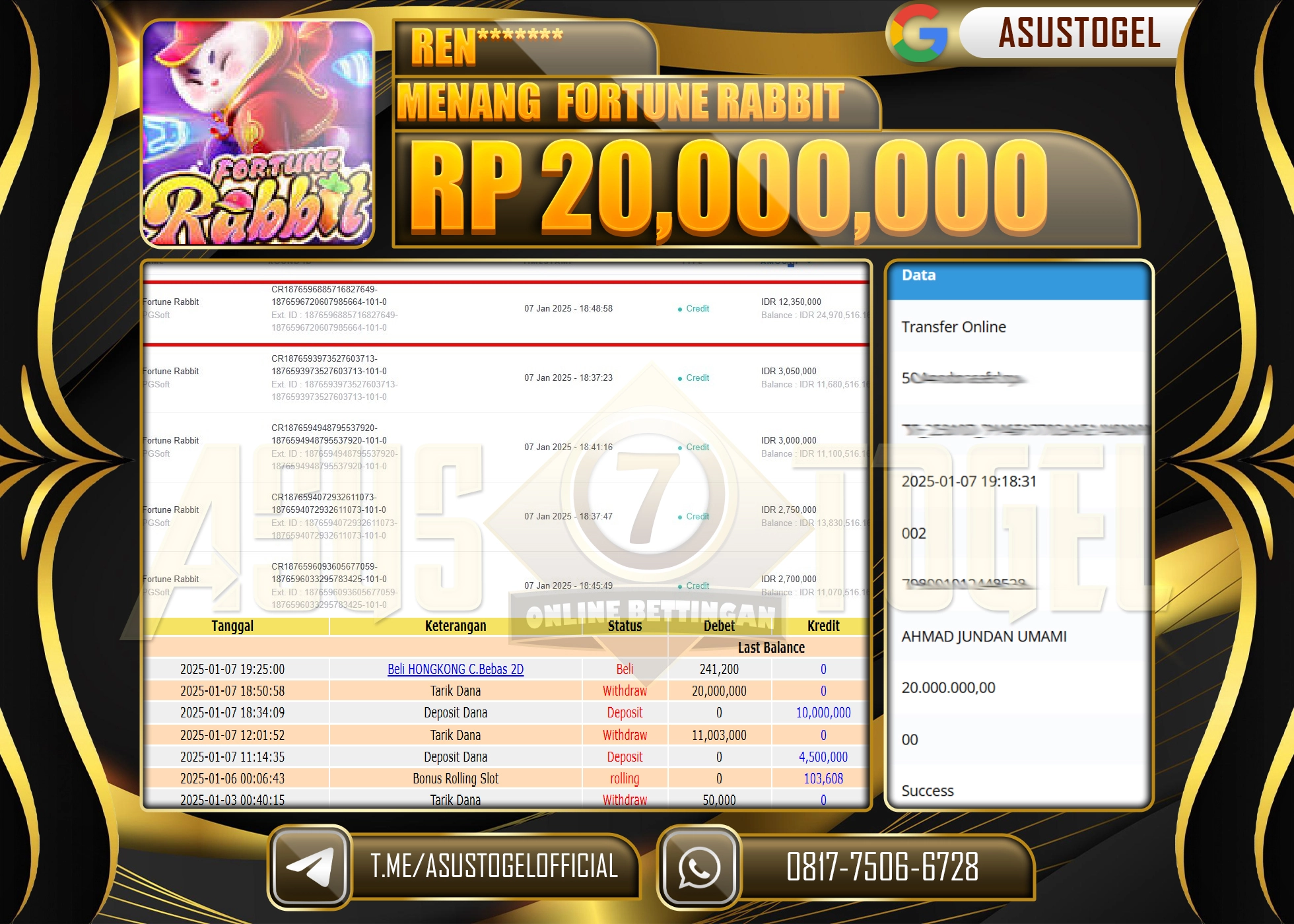 ASUSTOGEL KEMENANGAN DI SLOT FORTUNE RABBIT SEBESAR 20,000,000- RUPIAH LUNAS