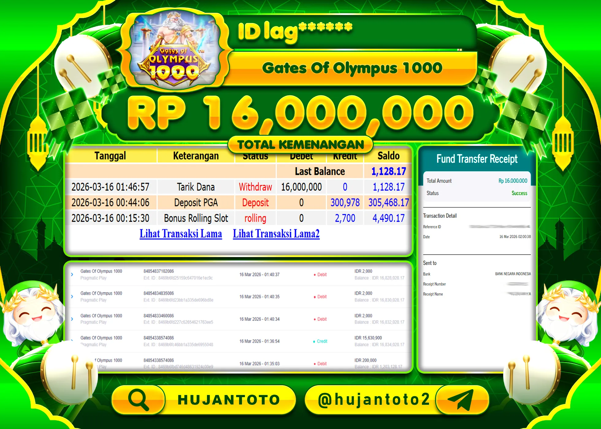 HUJANTOTO - BUKTI JACKPOT MENANG SLOT GATES OF OLYMPUS 1000 Rp.16,000,000 - TERBAYAR LUNAS