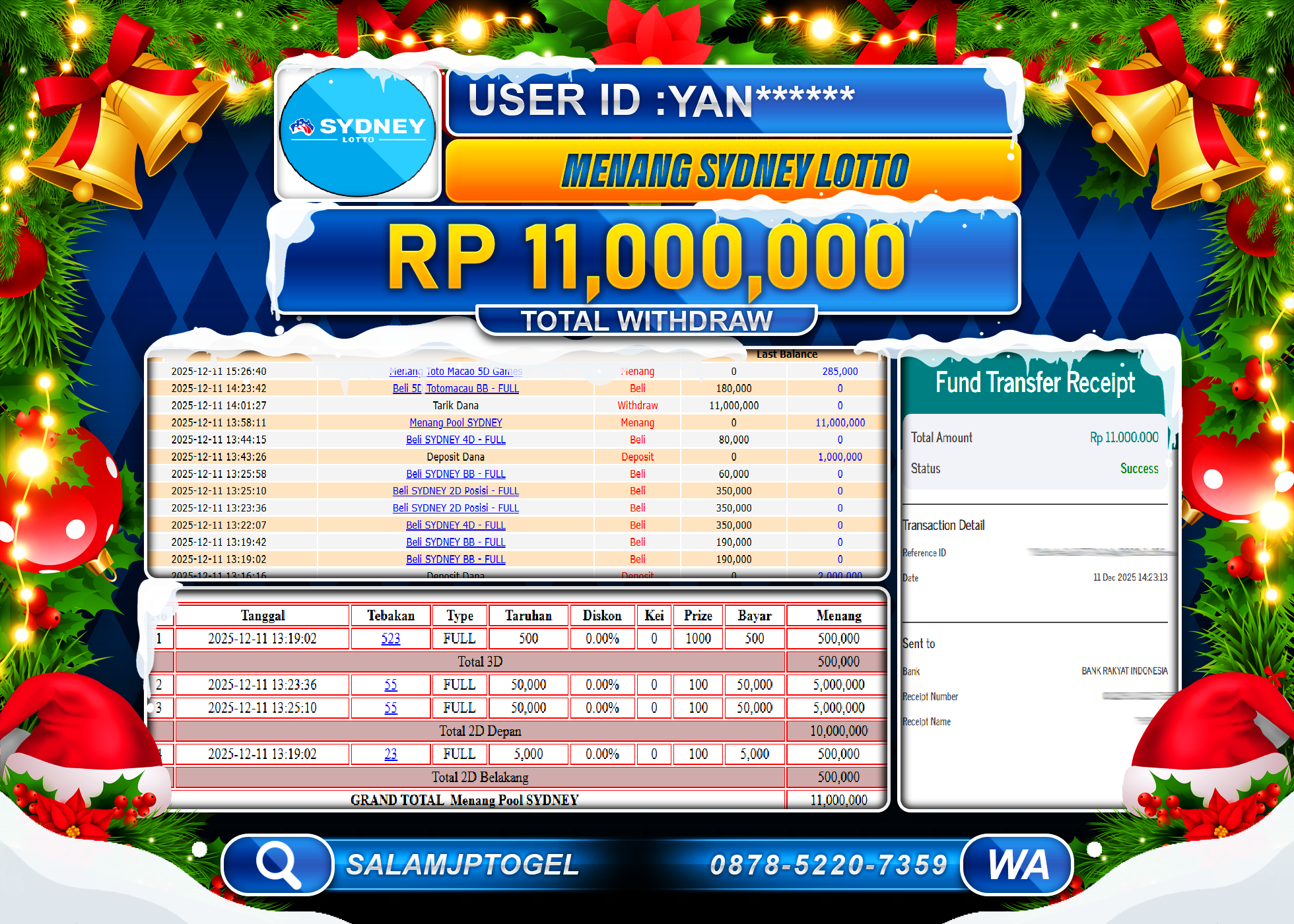 SALAMJPTOGEL JACKPOT TOGEL SYDNEY LOTTO Rp.11,000,000 - LUNAS