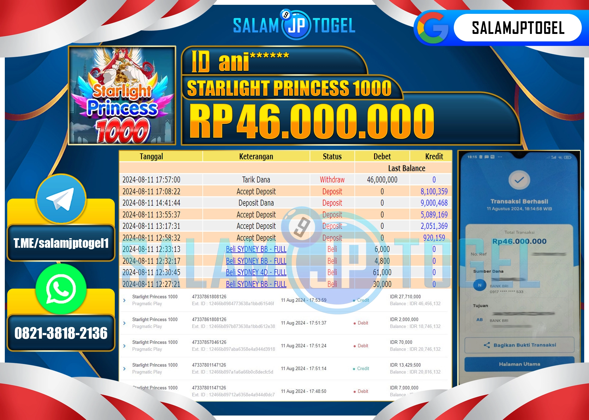 SALAMJPTOGEL MENANG SLOT STARLIGHT PRINCESS 1000 RP. 46,000,000 LUNAS