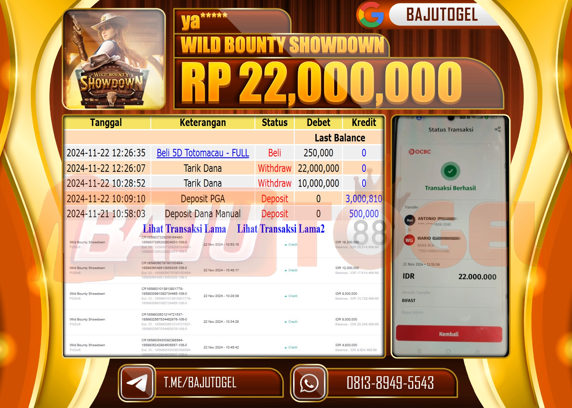   BAJUTOGEL WILD BOUNTY SHOWDOWN Rp.22.000.000 LUNAS