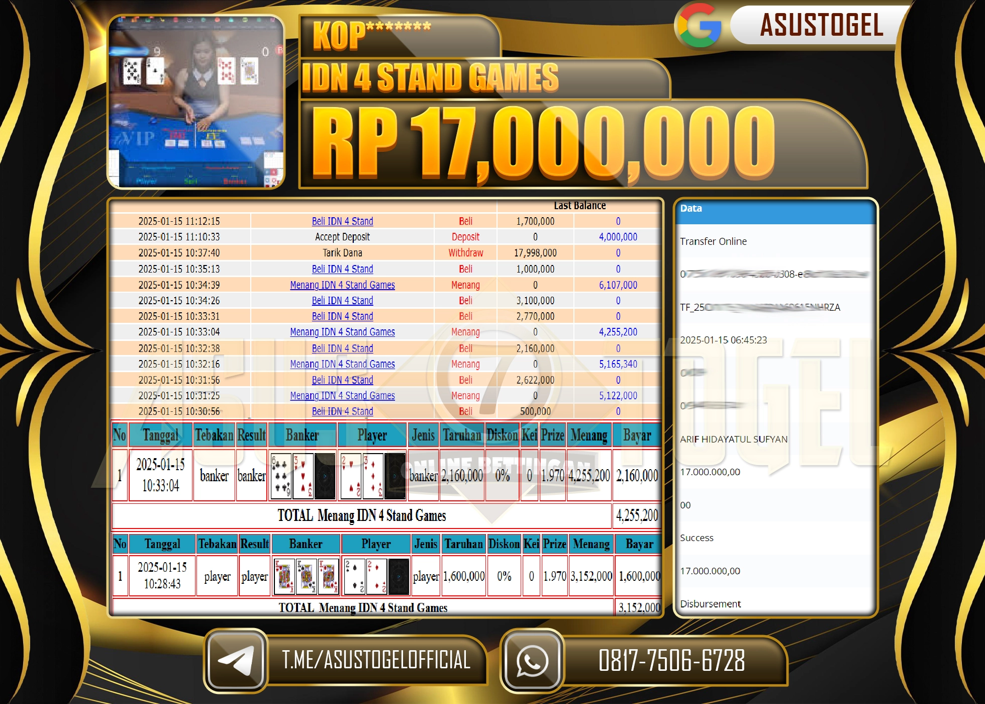 ASUSTOGEL KEMENANGAN DI IDN 4 STAND GAMES SEBESAR 17.000.000 - RUPIAH LUNAS