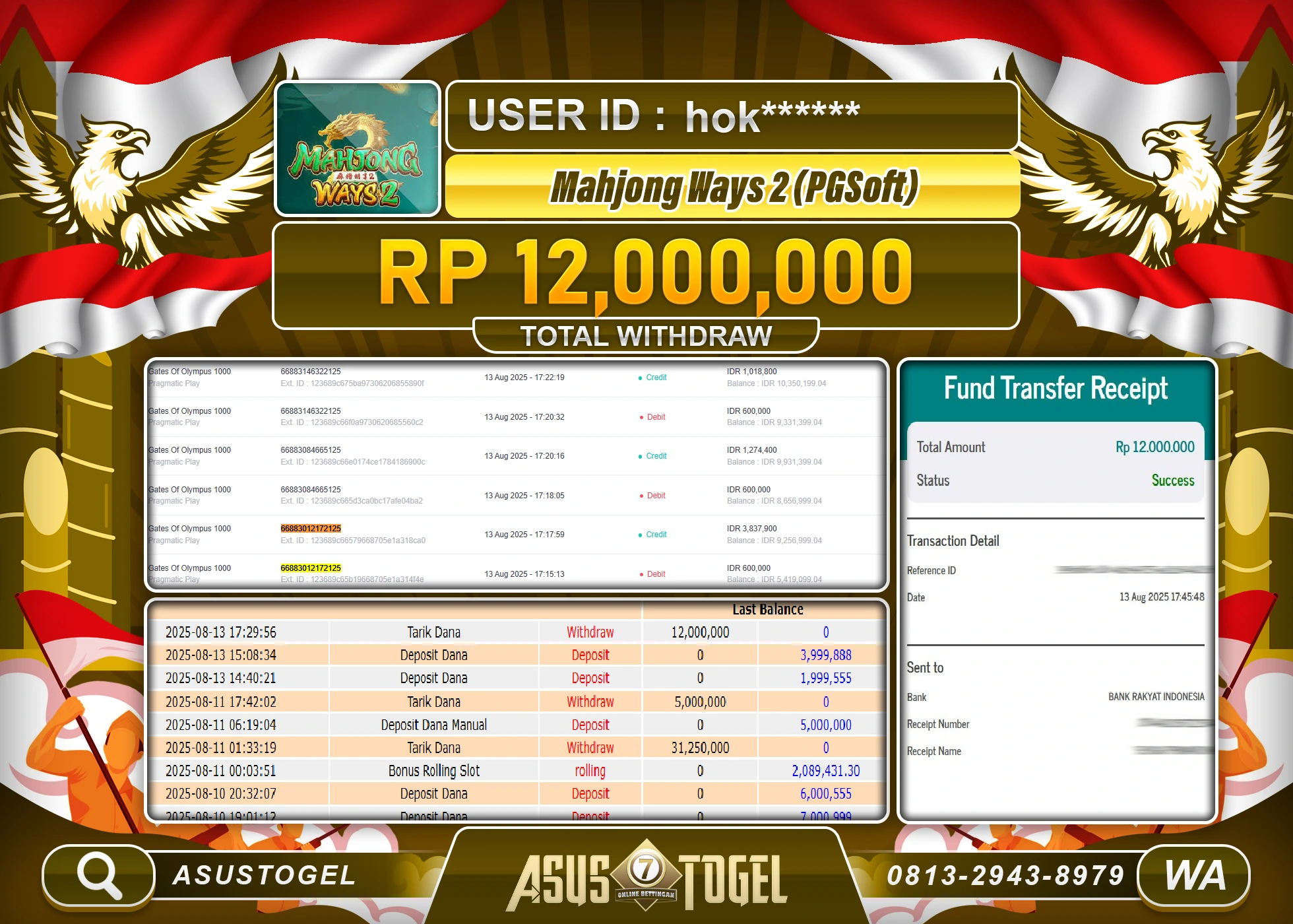 ASUSTOGEL KEMENANGAN DI SLOT MAHJONG WAYS PGSOFT SEBESAR 12,000,000- RUPIAH LUNAS