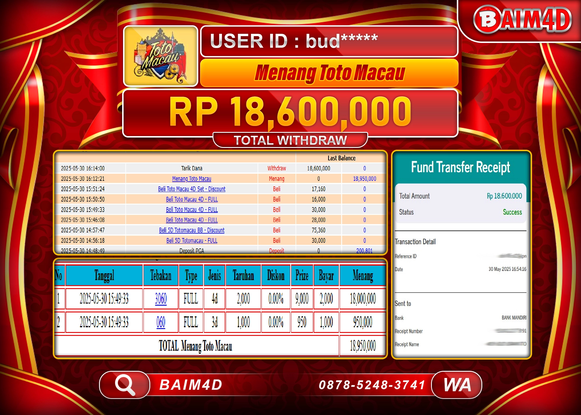 BAIM4D JACKPOT DI GAME TOTO MACAU 4D POOLS  Rp.18.600,000.- LUNAS