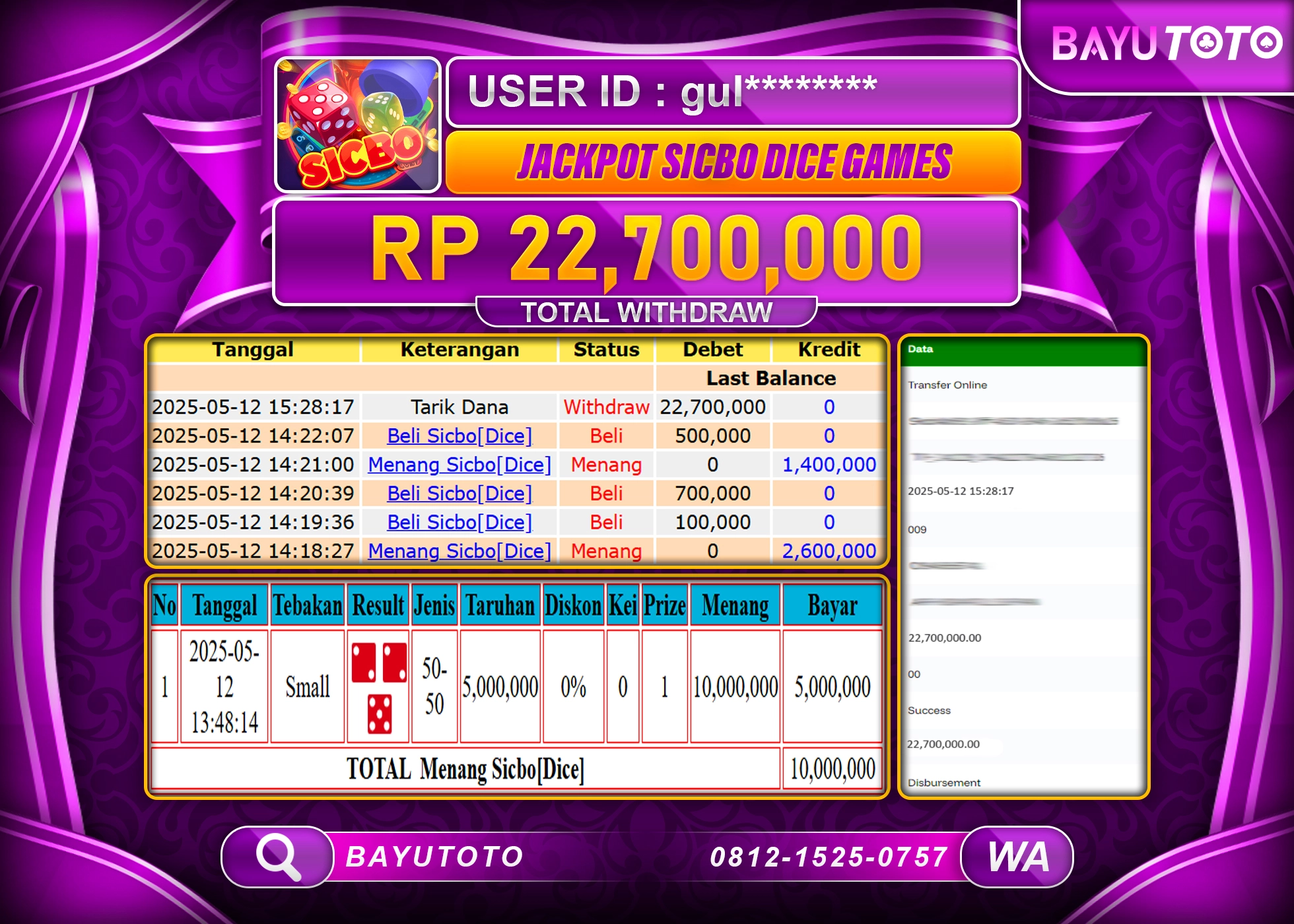 BAYUTOTO JACKPOT LIVE GAMES SICBO  DICE Rp.22,700,000 LUNAS