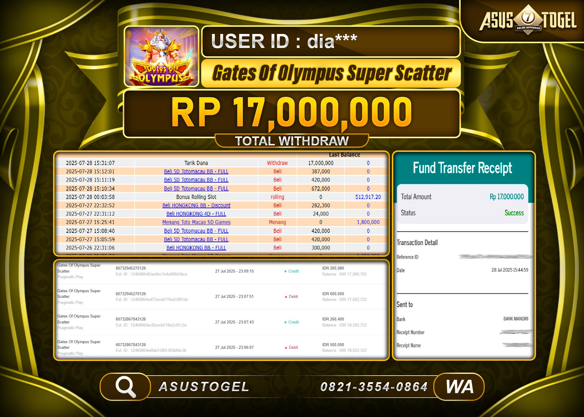 ASUSTOGEL KEMENANGAN DI SLOT GATES OF OLYMPUS SUPER SCATTER SEBESAR 17,000,000- RUPIAH LUNAS