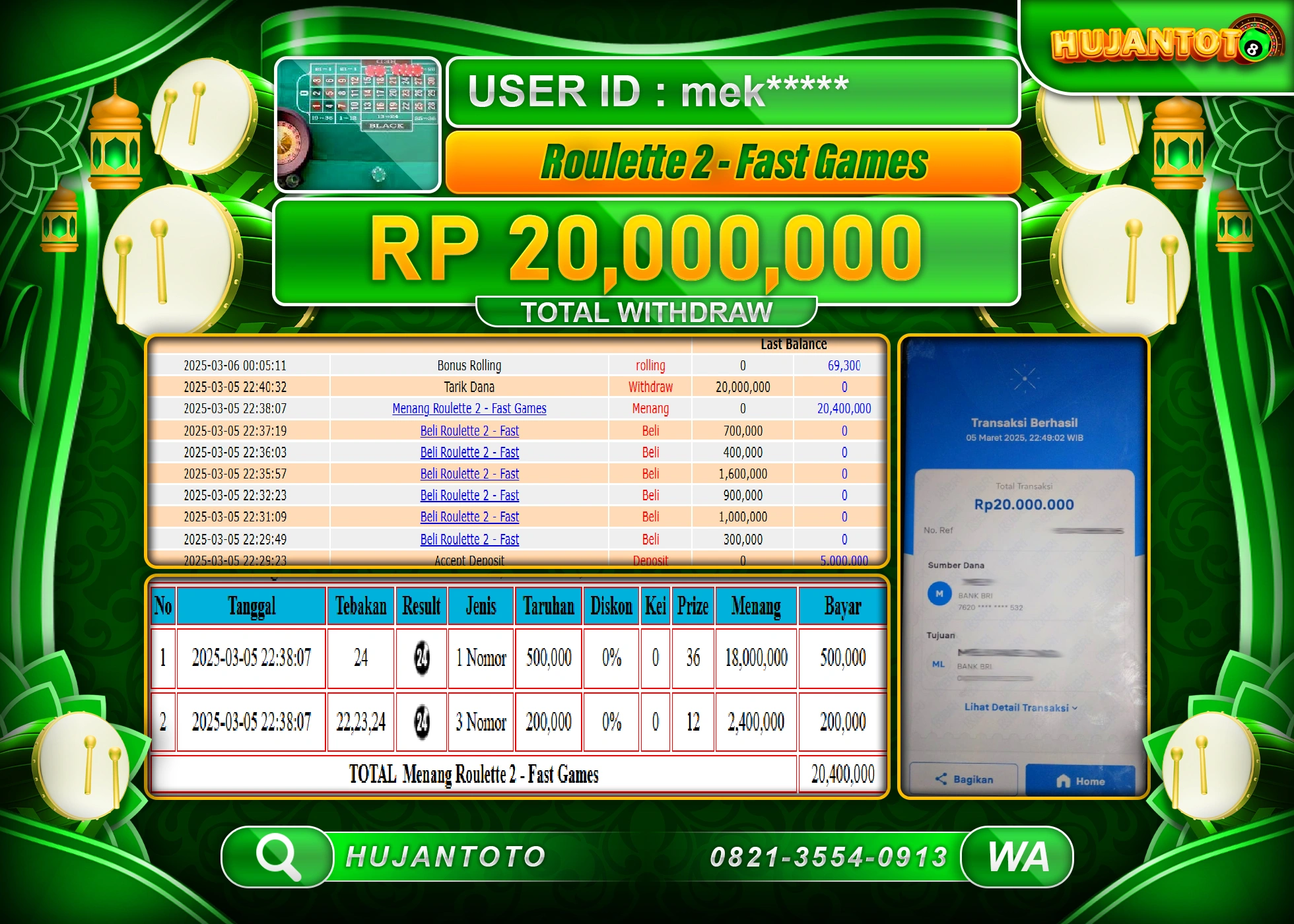 HUJANTOTO - BUKTI JACKPOT MENANG LIVE GAMES ROULETTE 2 FAST Rp,20,000,000 - TERBAYAR LUNAS