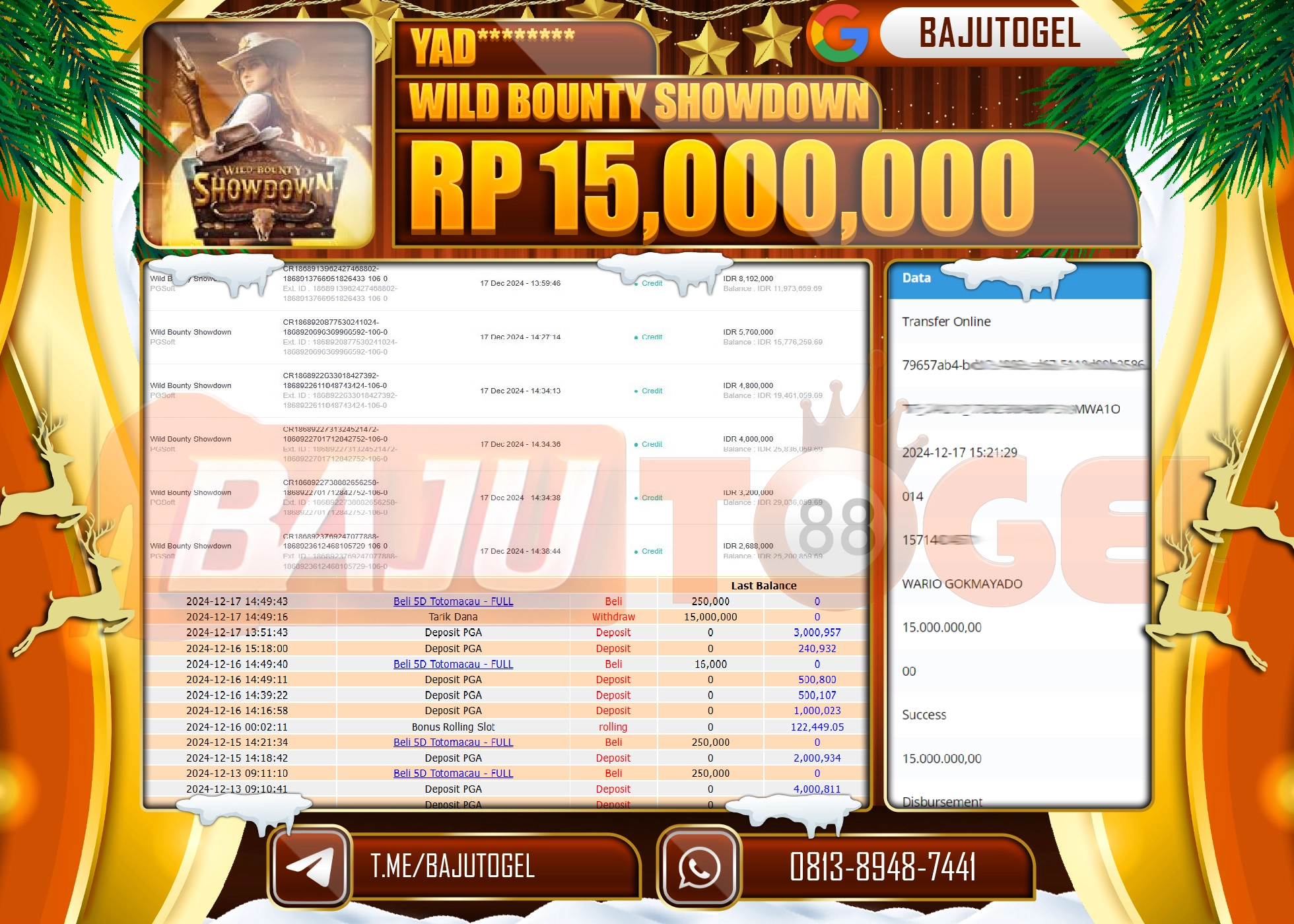 BAJUTOGEL JACKPOT WILD BOUNTY SHOWDOWN Rp.15.000.000 LUNAS