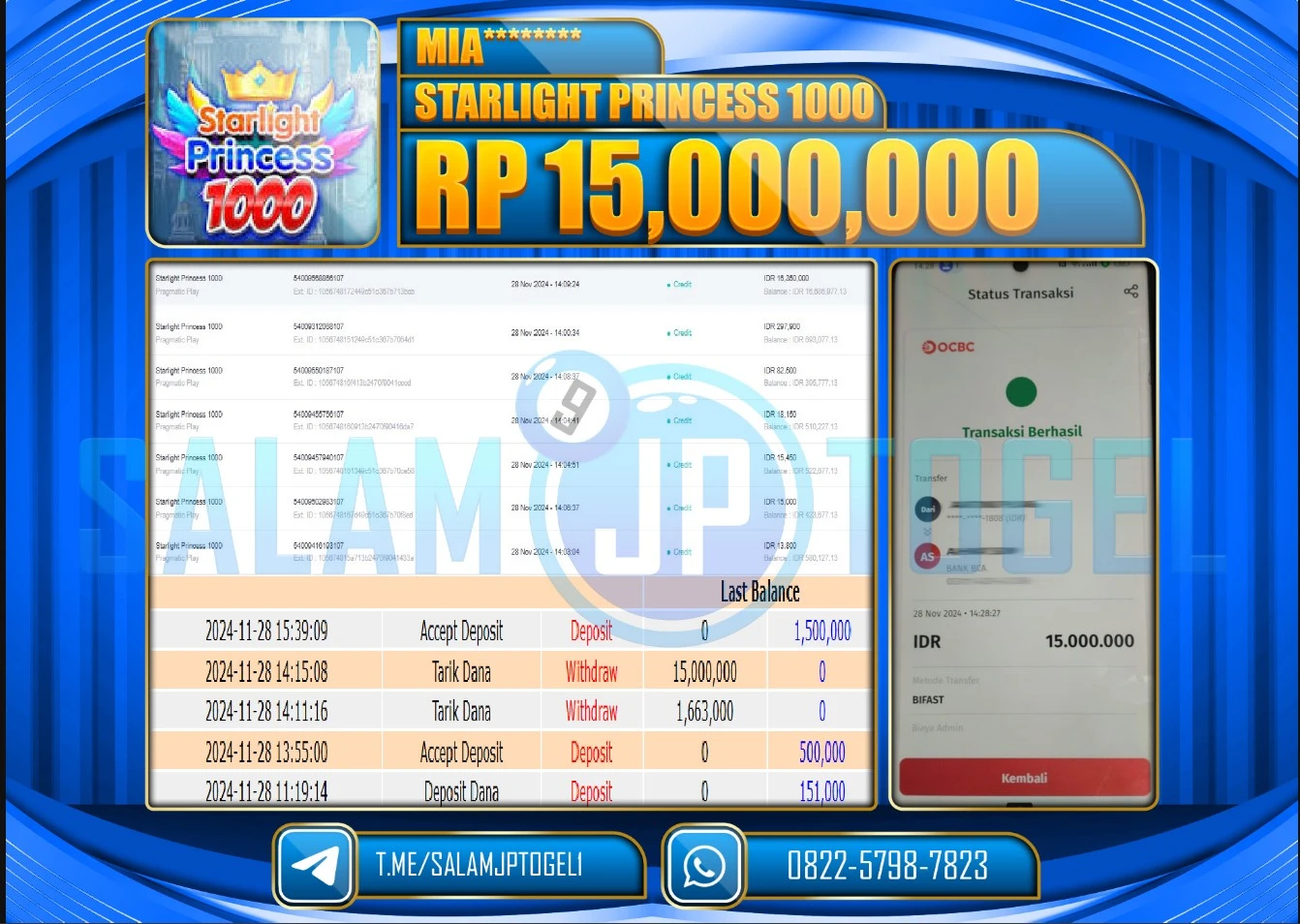 SALAMJPTOGEL MENANG SLOT STARLIGHT PRINCCES 1000 RP. 15,000,000 LUNAS