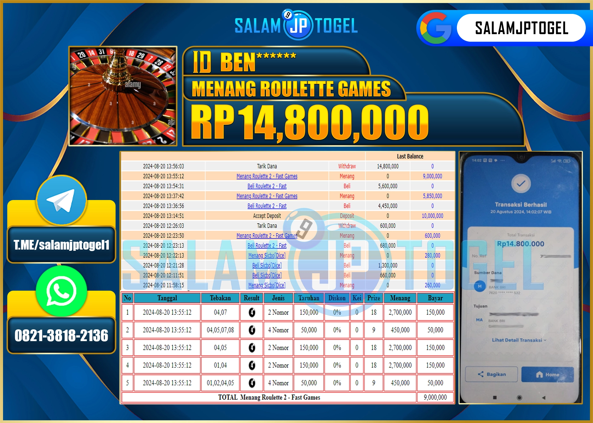 SALAMJPTOGEL MENANG ROULLETE 2 RP.14,800,000 LUNAS