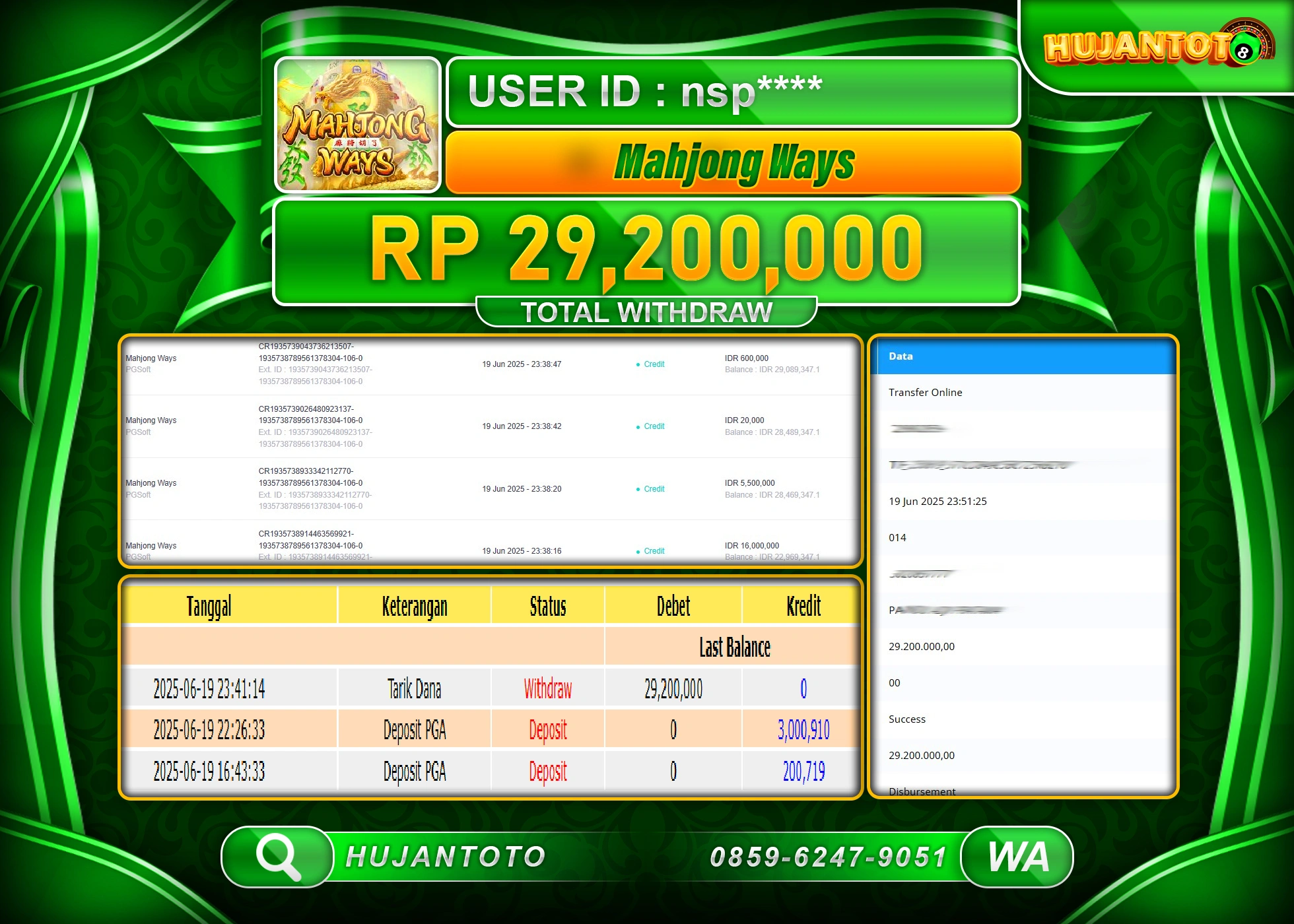 HUJANTOTO - BUKTI JACKPOT MENANG SLOT MAHJONG WAYS PG SOFT Rp.29,200,000 - TERBAYAR LUNAS