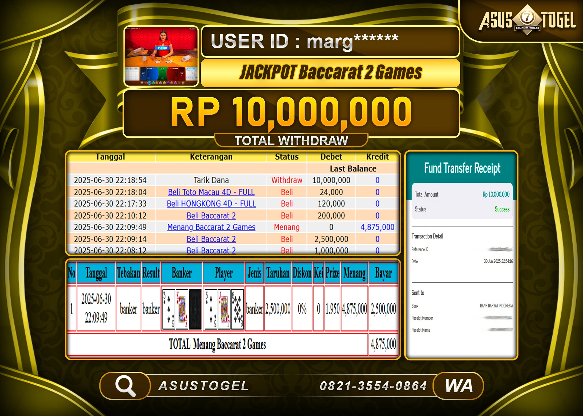 ASUSTOGEL KEMENANGAN DI LIVEGAMES BACCARAT 2 GAMES SEBESAR 10,000,000- RUPIAH LUNAS