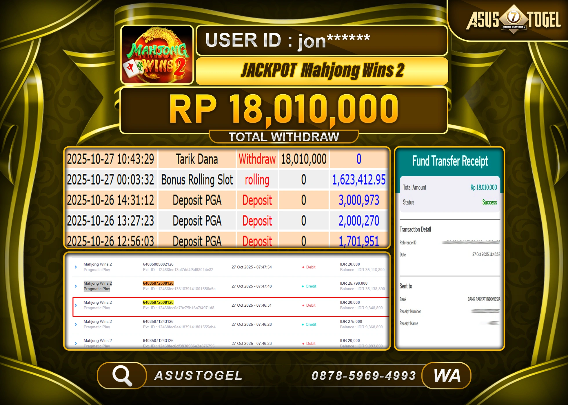 ASUSTOGEL KEMENANGAN DI SLOT MAHJONG WINS 2 SEBESAR 18,010,000- RUPIAH LUNAS