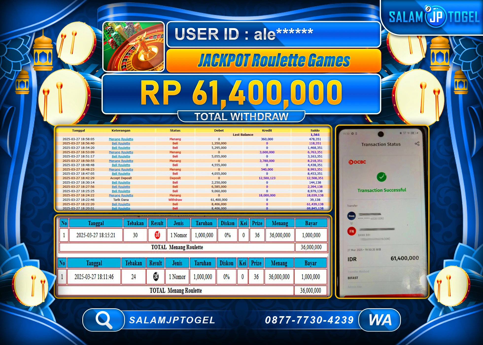 SALAMJPTOGEL MENANG ROULETTE GAMES  Rp. 61,400,000 LUNAS