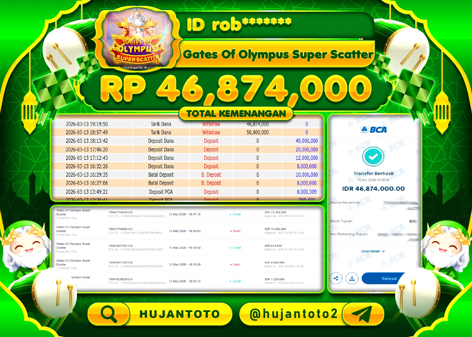 HUJANTOTO - BUKTI JACKPOT MENANG SLOT GATES OF OLYMPUS SUPER SCATTER Rp.46,874,000 - TERBAYAR LUNAS