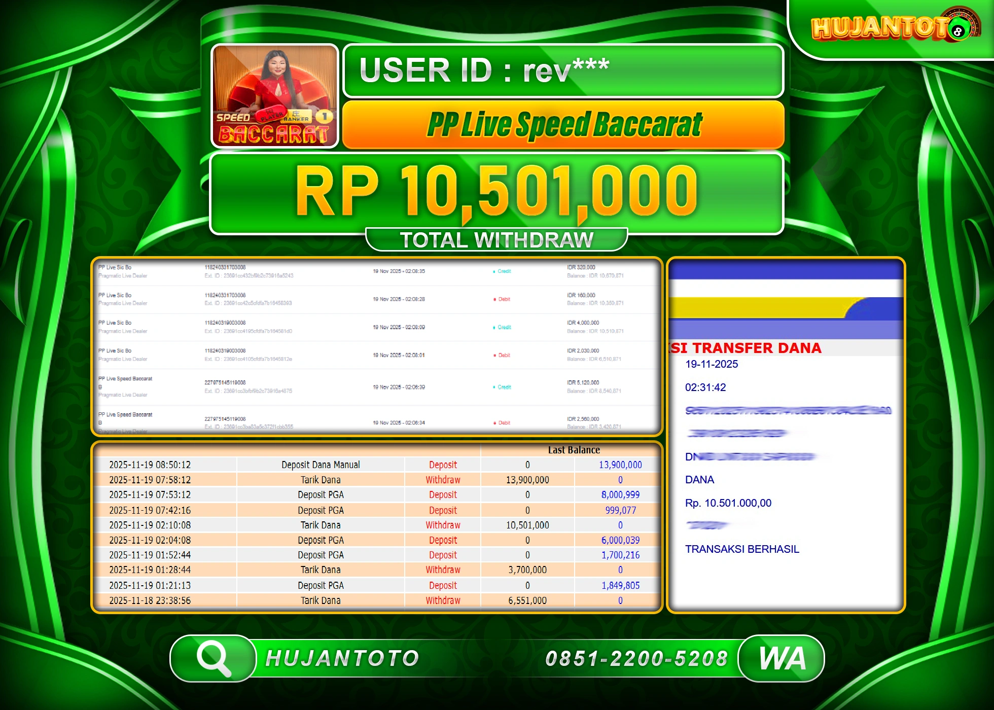 HUJANTOTO - BUKTI JACKPOT MENANG PP LIVEGAME SPEED BACCARAT Rp.10,501,000 - TERBAYAR LUNAS