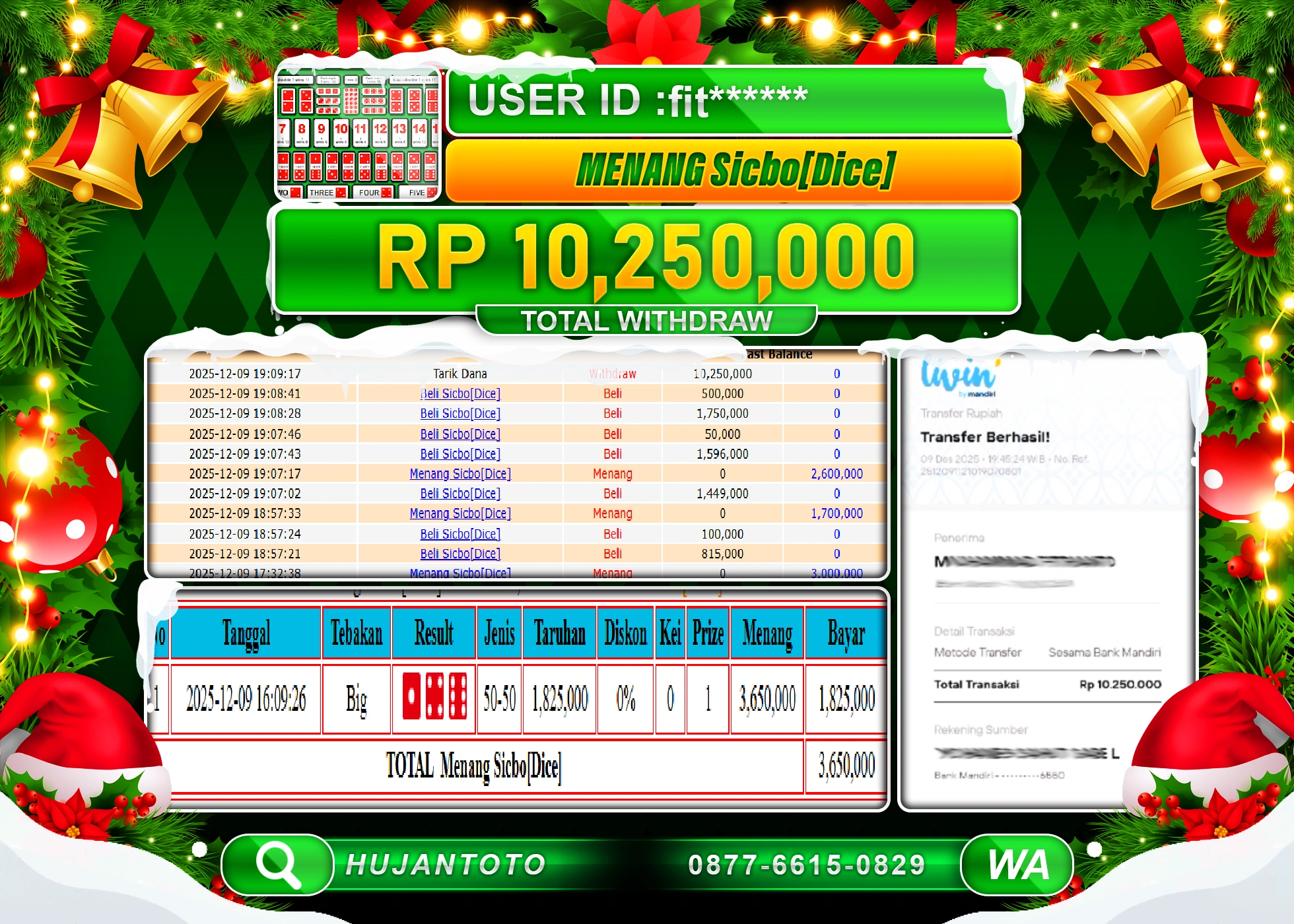 HUJANTOTO - BUKTI JACKPOT MENANG LIVEGAME SICBO DICE Rp.10,250,000 - TERBAYAR LUNAS