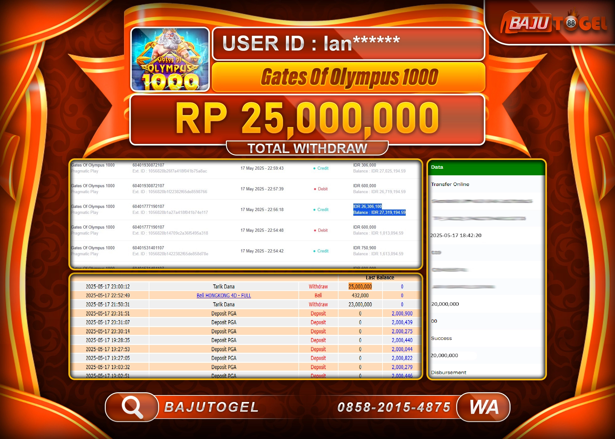 BAJUTOGEL KEMENANGAN  GATES OF OLYMPUS 1000 Rp.25.000.000 LUNAS