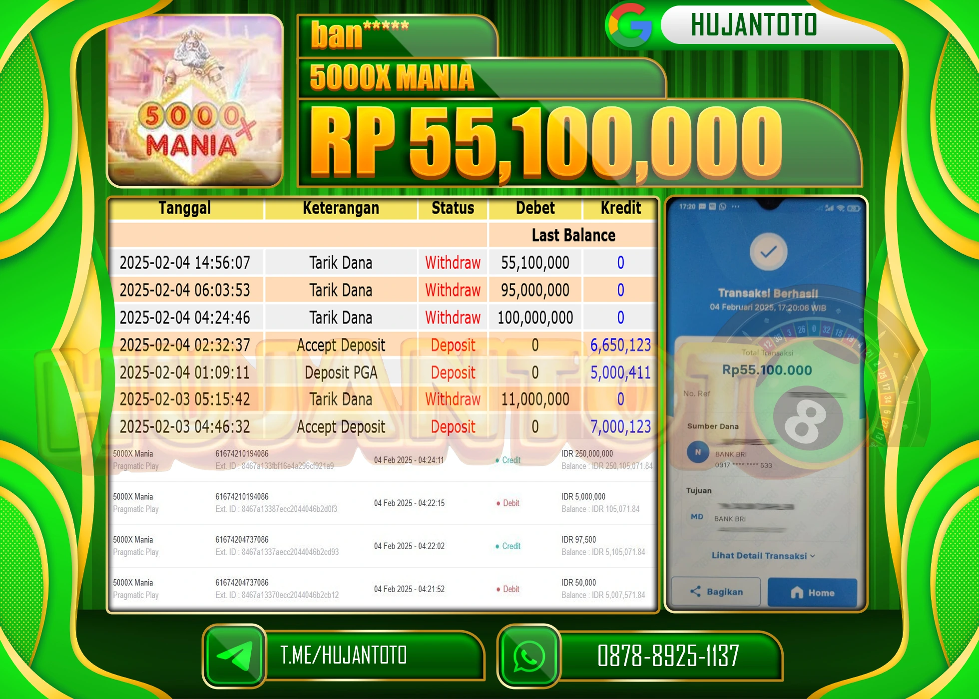 HUJANTOTO - BUKTI JACKPOT MENANG SLOT 5.000X MANIA Rp,55,100,000 - TERBAYAR LUNAS