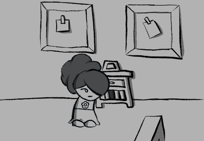 Angelica looks at the books placed on her table