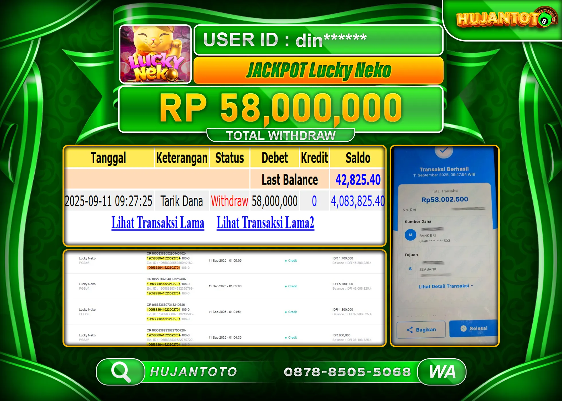 HUJANTOTO - BUKTI JACKPOT MENANG SLOT LUCKY NEKO PGSOFT Rp.58,000,000 - TERBAYAR LUNAS