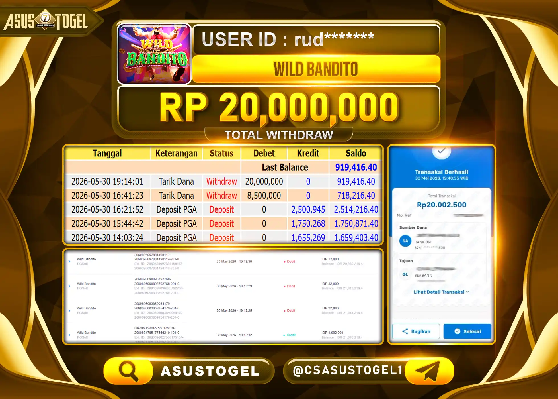 ASUSTOGEL KEMENANGAN JACKPOT  PERMAINAN SLOT WILD BANDITO Rp.20,000,000 - RUPIAH LUNAS