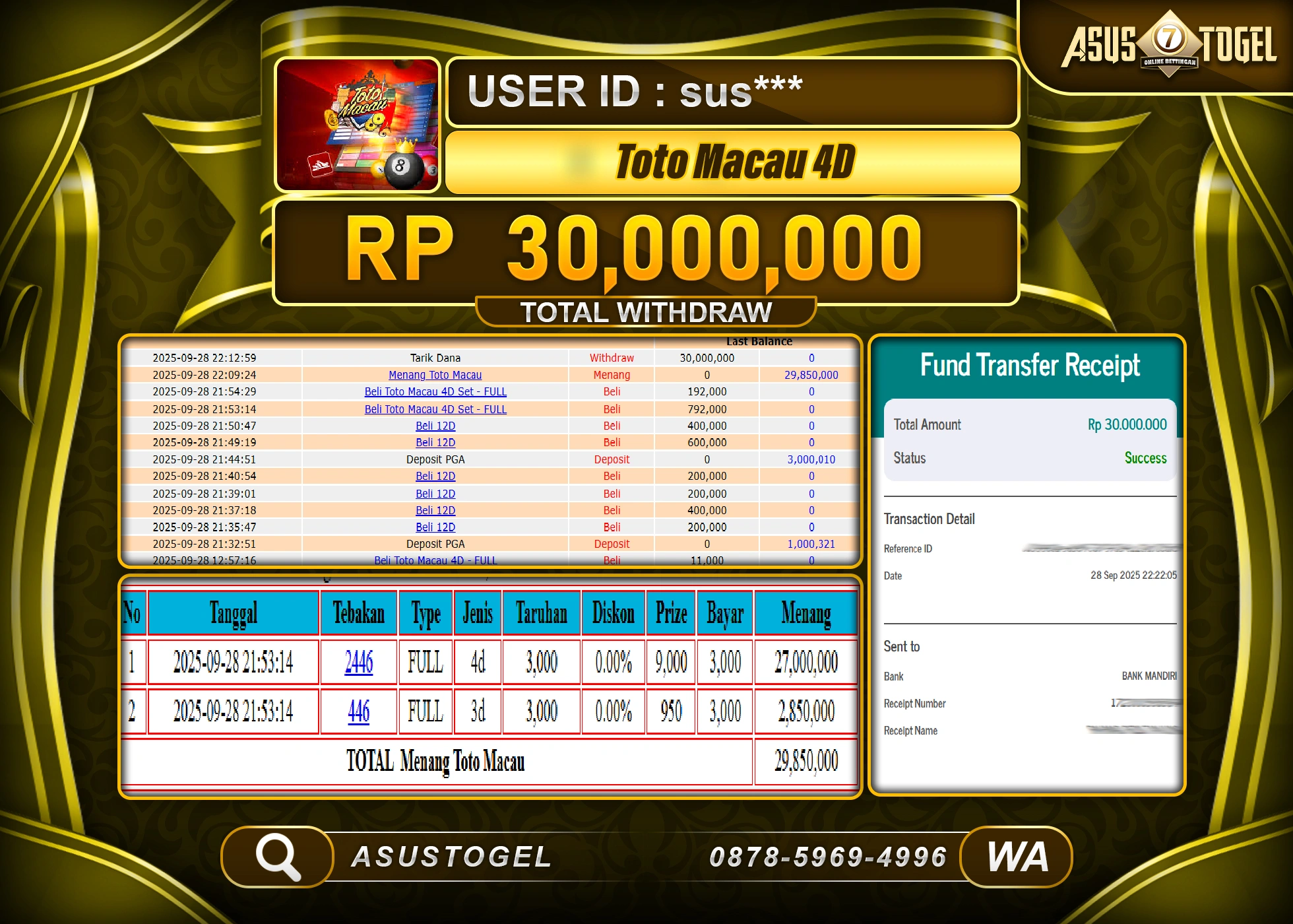 ASUSTOGEL KEMENANGAN DI TOGEL TOTO MACAU 4D SEBESAR 30,000,000- RUPIAH LUNAS